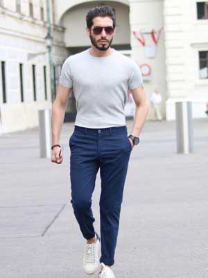 Grey t-shirt and Navy chinos 