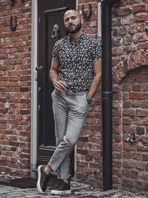 Printed shirt and Grey trousers